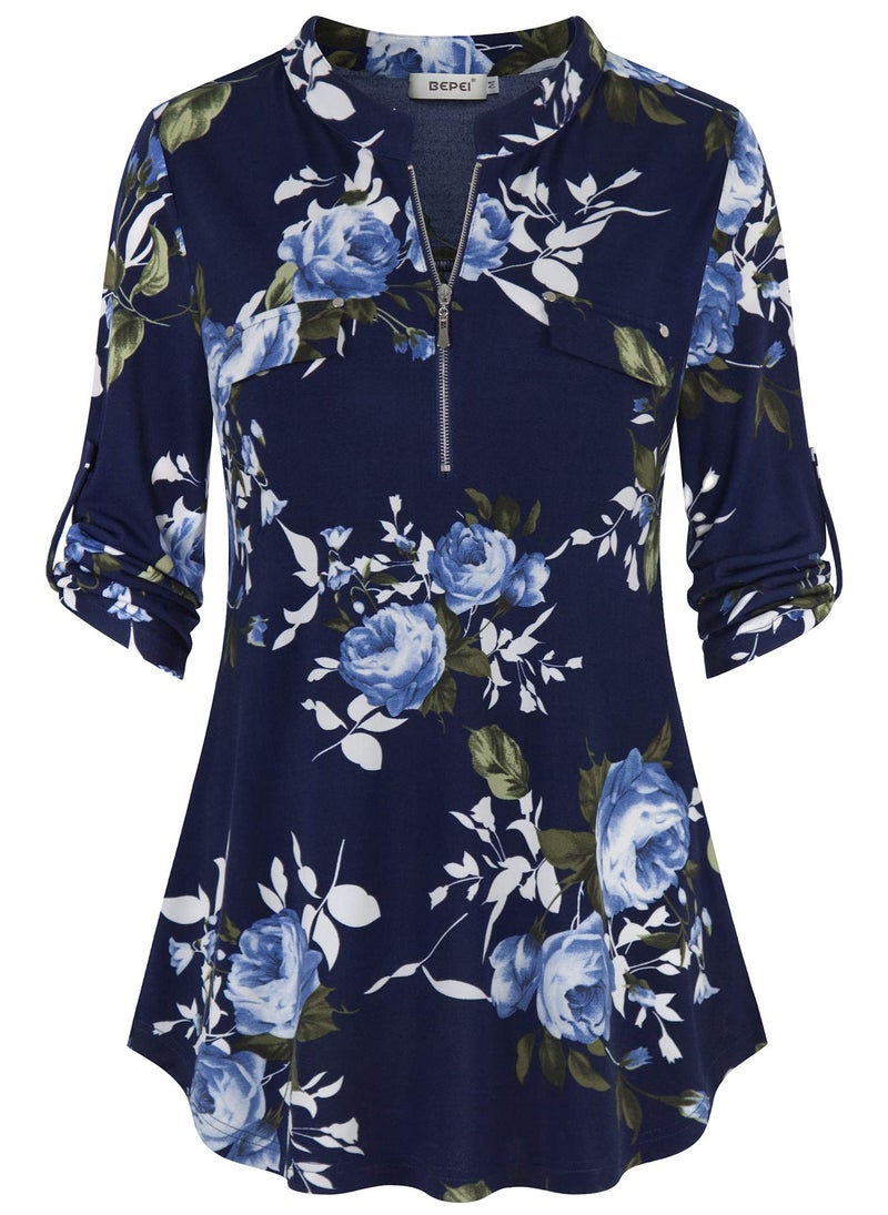 BEPEI Tunics for Women to Wear with Leggings,Ladies 3/4 Sleeve Zipper V Neck Chiffon Shirts Career Blouses Floral Printed Flowy Hem Tunic Tops Pocket Design Blouses,Navy Blue M - Image 1